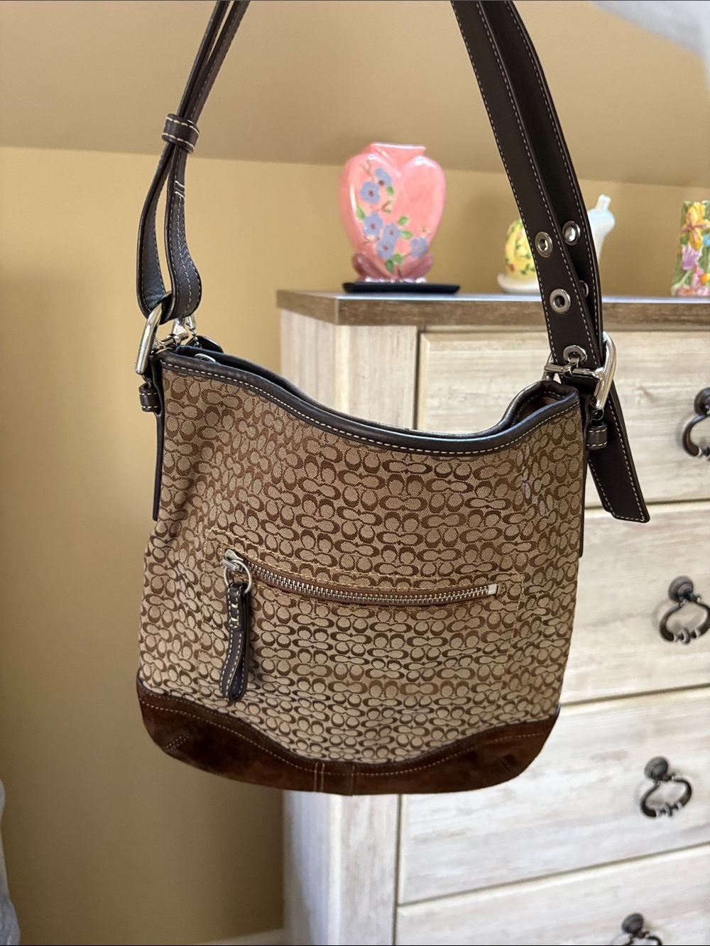 Coach Brown Signature Canvas Crossbody with Gold-Tone Chain